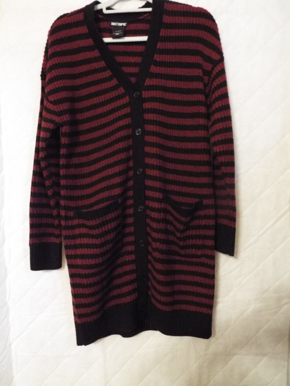 Hot Topic Long Red and Black Striped Sweater with Pockets Size Medium